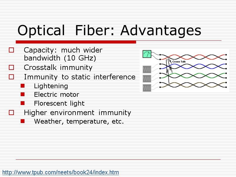 Optical  Fiber: Advantages Capacity: much wider bandwidth (10 GHz)  Crosstalk immunity Immunity